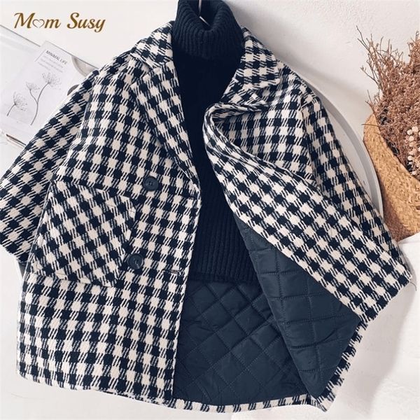 Mantel Baby Junge Mädchen Woolen Plaid Jacke Lange Zweireiher Warme Kind Revers Tweed Baumwolle Gepolsterte Oberbekleidung Kleidung 110Y 220915