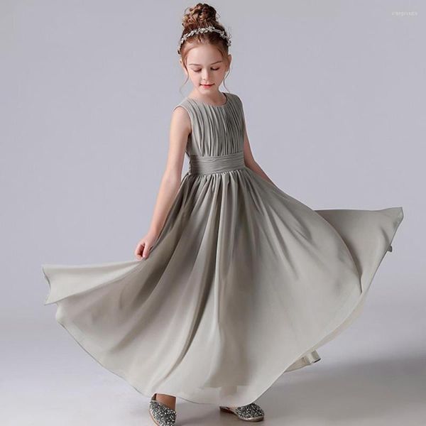 Abiti da ragazza Fiore pieghettato in chiffon con fasce Matrimoni per bambini Abiti da spettacolo per feste di compleanno Abito da damigella d'onore junior 2022