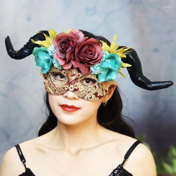 Articoli per feste Lolita Fiori Maschera per gli occhi Ragazze Maschere per travestimento veneziano Corno di pecora gotico per le donne