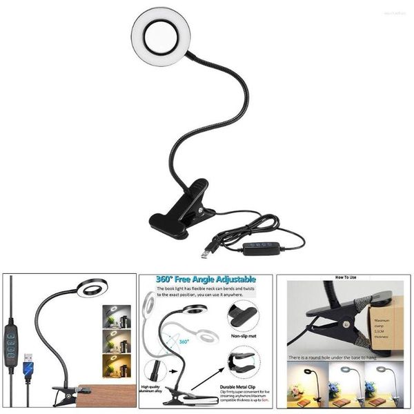 Tischlampen, flexible Clip-On-Leuchte, Schreibtischlampe neben dem Bett, Lesen, 3 Farbmodi, Buchklemme, Nacht
