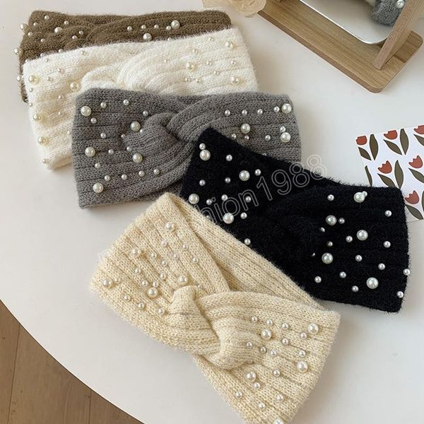 Fascia per capelli lavorata a maglia con perle per donna Accessori per capelli Autunno Inverno Ragazze Fasce a tesa larga Fascia per capelli elastica dolce Bandane