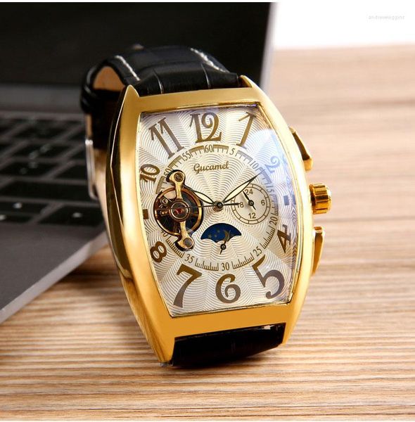 Principais relógios de punho Male Male Macho Mecânica Relógio de Leather Band Square Fashion Moda Luminous Movem