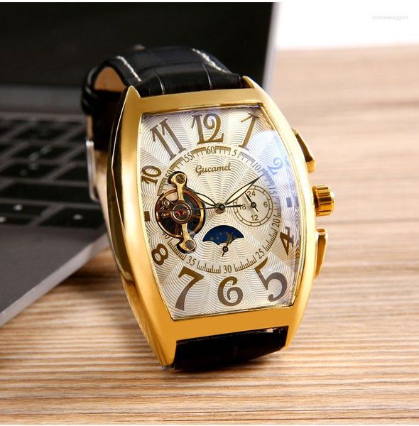 Orologi da polso Top Orologio da polso meccanico automatico da uomo Cinturino in pelle Quadrato Moda Luminoso Movimento a ingranaggi Design reale Regalo da uomo