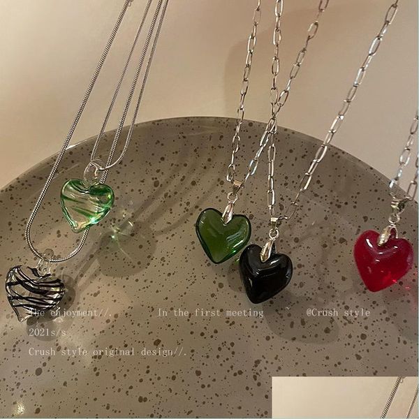 Zebra-Stripe Glass Heart silver heart pendant necklace with Titanium Steel Chain for Women - Green/Black Choker Necklaces (DHC9A)