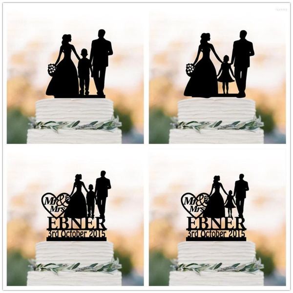 Partyzubehör, personalisierter Familien-Hochzeitstortenaufsatz mit Mädchen, individuelle, einzigartige Braut- und Bräutigam-Silhouette, Kind, Junge