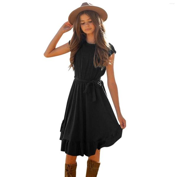 Vestidos de menina Rockabilly Girls Solid Girls Manga Vintage Rous