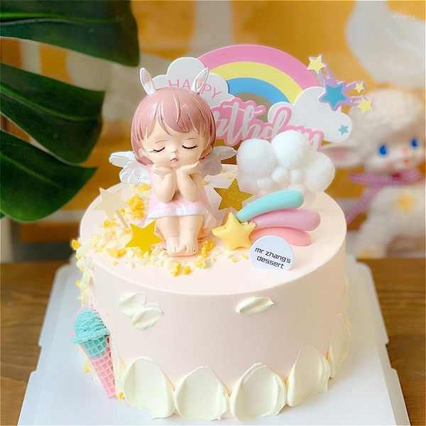 Festliche Lieferungen Engel Baby Mädchen Kuchen Topper Alles Gute zum Geburtstag Cupcake Topper Blume Dusche Hochzeit Braut Dessert Dekoration Party Geschenke