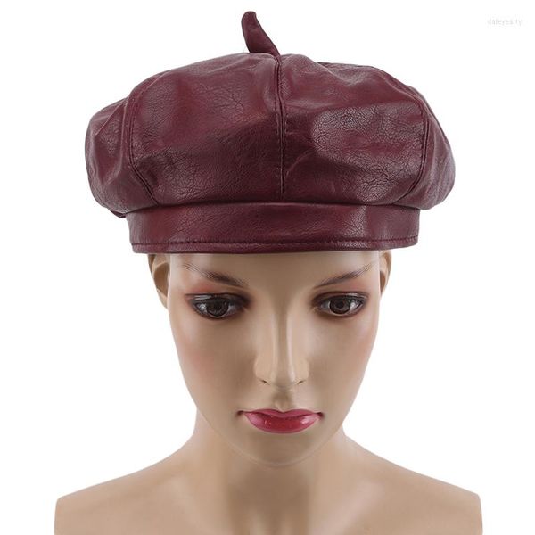 Berets Großhandel 4 Farben PU Leder Frauen Mode Damen Schwarze Kappen Stewardess Rote Baskenmütze Herbst Winter Künstler Hüte