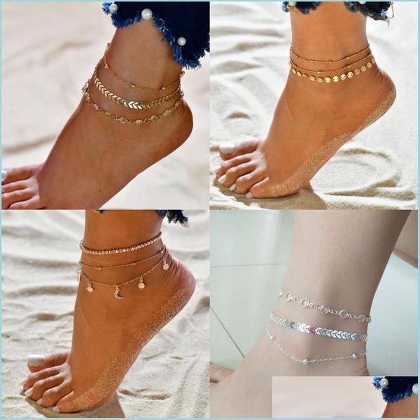 Cavigliere Set di cavigliere in cristallo di Boemia Perline Stella di luna Bracciale alla caviglia fatto a mano in oro multistrato per le donne Festa estiva Gioielli da spiaggia L Dh3Fq