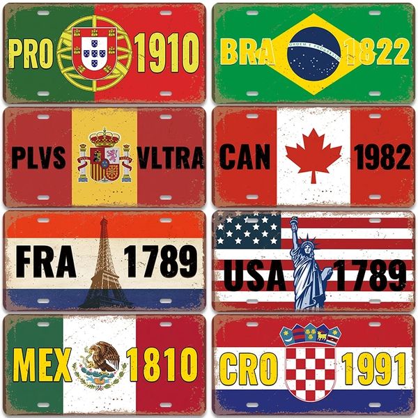 2023 Placa de bandeira do pa￭s Placa de metal Pintura de metal sinal vintage France EUA Brasil M￩xico Placa Placa Sinais de caf￩ Retro Rota 66 Decora￧￣o de parede de carros para barra de bar