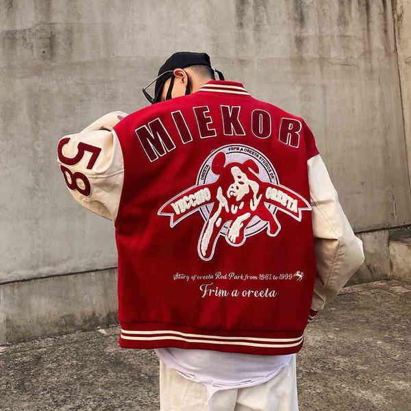 Jaquetas masculinas pretas vermelhas grandes jaquetas masculinas vintage com letras R bordadas casacos bomber de beisebol feminino hip hop streetwear manga de couro T220914