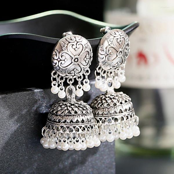 Baumelnde Ohrringe Retro Silber Farbe Bollywood Jhumka Für Frauen Ethnische Glocke Perle Quaste Ohrring Gypsy Schmuck