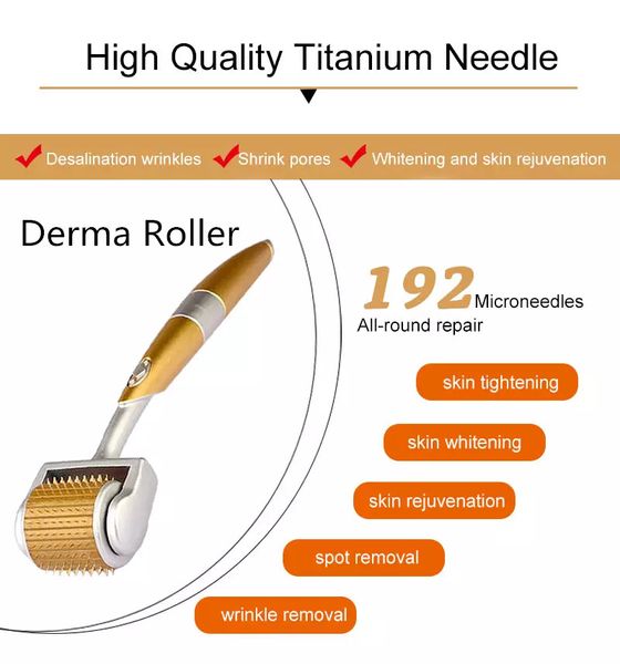 Dicas de titânio de rolos de derma de 192 pinos de ouro 0,3 mm 0,25 mm 0,2 mm de titânio de titânio Mesoroller para tratamento de face corporal Microneedle Dermaroller