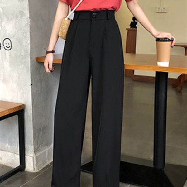 Kadın Pantolon Capris Kadın Geniş Bacak Pantolon Yaz İnce Kumaş Klasik Yüksek Bel Cepleri Düğmesi Uzun Palazzo Pantolon Kore Sıradan Dipleri 220915
