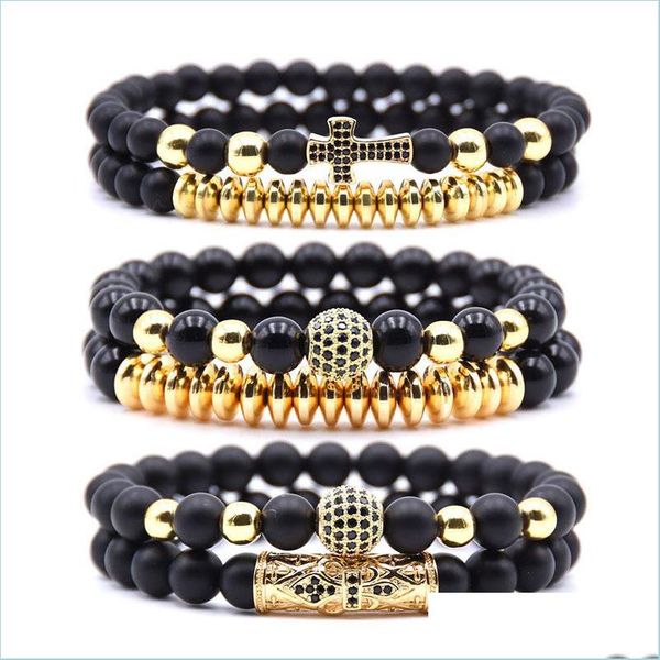 Catena a maglie di qualità Set da uomo Bracciale Moda Homme Gioielli 8Mm Pietra naturale Oro Nero Micro-intarsiato Zircone Cz Palla Braccialetti con perline Dhy1A