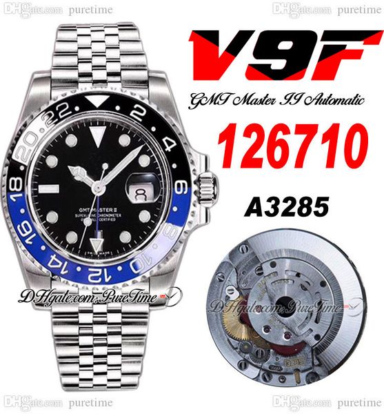 V9F GMT II Batman A3285 Relógio automático V4 40mm 126710 Beliscos de cerâmica azul Black Dial Black 904L Jubileesteel Bracelet Super Edition Mesma Cartão de série PureTime D4