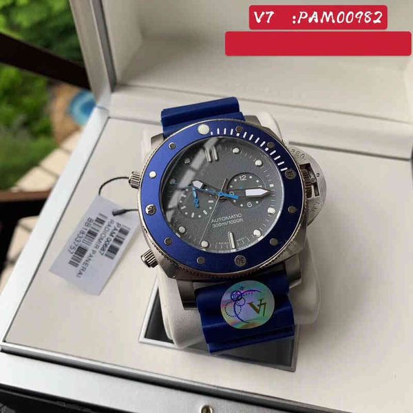 Super Orologi 011 V7 Pam982 Montre De Luxe 47mm Cassa in metallo 316l Rotary Anello in ceramica blu Anello in caucciù Smart