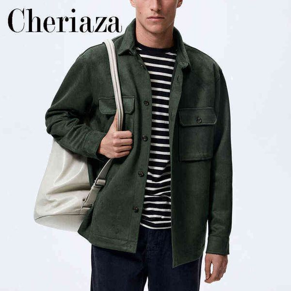 Giacche da uomo Cheriaza Autunno Uomo Giacca da camicia in finta pelle scamosciata verde scuro Casual Maniche lunghe Utensili Vento Capispalla semplice Tinta unita Strada Maschile T220914