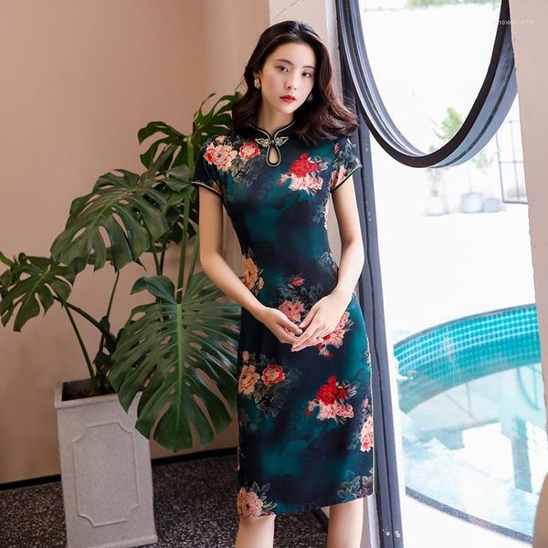 Ethnische Kleidung Weibliche Grüne Sexy Qipao Druck Blume Cheongsam Vintage Knopf Mandarin Kragen Chinesisches Kleid Satin Vestidos Plus Größe 3XL 4XL