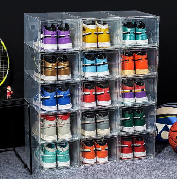 Caixas de armazenamento BINS 3PCS Clear plástico tênis de sapatos de plástico Sapatos de basquete Caixa de armazenamento Caixa de armazenamento de poeira Combinação de organizador alto DHG5P