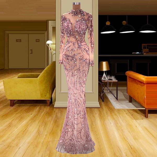 Exquisite Pailletten Meerjungfrau Abendkleider Stehkragen Applikationen Kleid für besondere Anlässe Tüll Frauen Bodenlange Ballkleider für Party Vestido De Noiva de Mariee