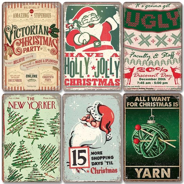 2023 Komik Vintage Noel Ağacı Metal Resim Teneke İşaretler Çanlar Noel Baba Poster Christma Retro Metal Plaka Cafe Bar Pub Ev Duvar Dekor Çocuk Hediyeleri 20x30cm