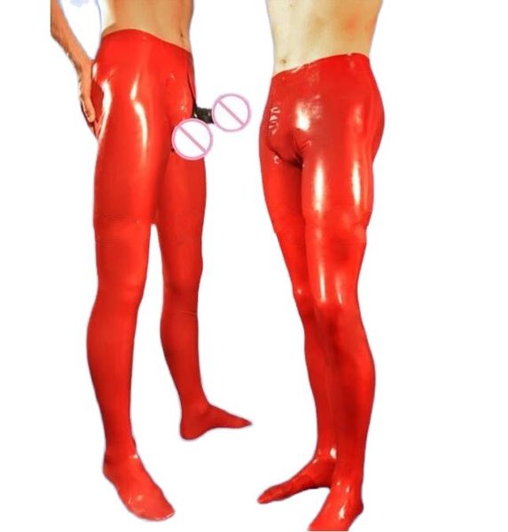 Modische Catsuit-Kostüme, PVC-Kunstleder, rot, sexy Hosen, Leggings mit Reißverschluss im Schritt, befestigte Socken für Erwachsene