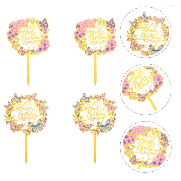 Festive Supplies 4 Stück Blumen- und Schmetterlings-Cupcake-Topper aus Acryl, Dessert- und Kuchendekoration