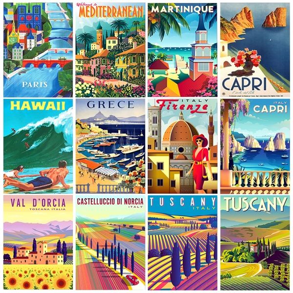 Vintage Famous City Penascape Posters Metal Pintura de praia lase sinais de lata Itália França Grécia Havaí Decoração de arte de parede de placa retro para a sala de estar Homer 20x30cm