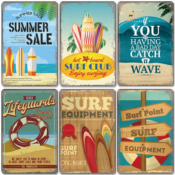 Surfbrett-Poster, Vintage-Metallgemälde, Blechschilder, „Enjoy Summers“, Plakette, Retro-Wandkunst, Meer, Außenwanddekoration für Surfclub, Pub, Bar