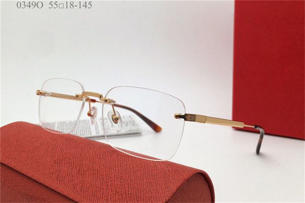 Occhiali da vista con montatura senza montatura di nuovo design alla moda modello 0349O lenti trasparenti quadrate in stile semplice e popolare possono essere lenti trasparenti da prescrizione