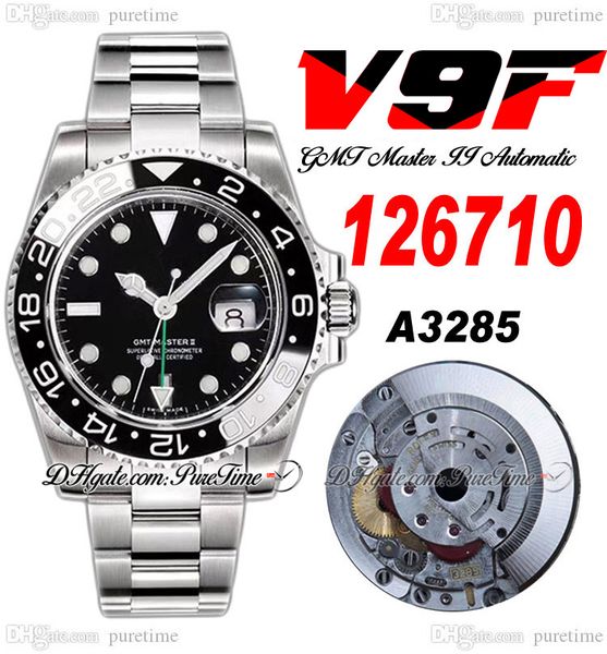 V9F GMT II A3285 Orologio da uomo automatico V4 40mm 126710 Lunetta in ceramica Quadrante nero Lancette verdi 904L OysterBracciale in acciaio Super Edition Stessa serie Card Puretime G7