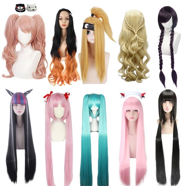 Decoração de festa anime mulher Cosplay Wig Danganronpa enoshima Junko Slayer Kamado Nezuko Ladies Long Wig Halloween Carnival Funny Props 220915