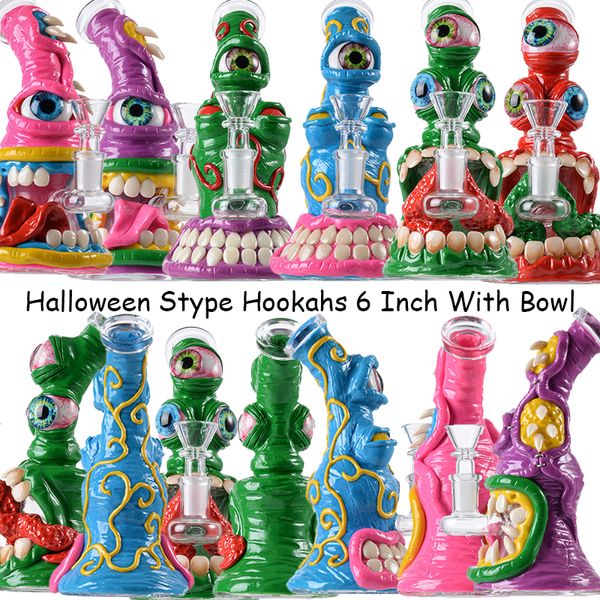 Halloween Shape Gongohs de 6 polegadas de vidro exclusivo de dentes de vidro de dentes aquáticos Bongueiro do chuveiro PERC Octopus Dab Rig 4mm Mini de espessura com tigela