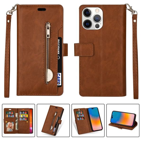 Flip Leather Cell Phone Cases with Card Slot Holder Wrist Strap For iPhone 11 12 13 14 Pro Max Xr Xs 7 8 Plus Magnetic Zipper Pocket Wallet Purse Cover