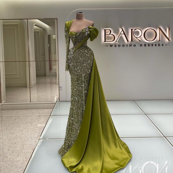 Smaragdgrüne Pailletten-Abschlussballkleider, eine Schulter, lange Ärmel, Bling-Abendkleider, Arabisch, Übergröße, Damen-Kleider, Vestidos