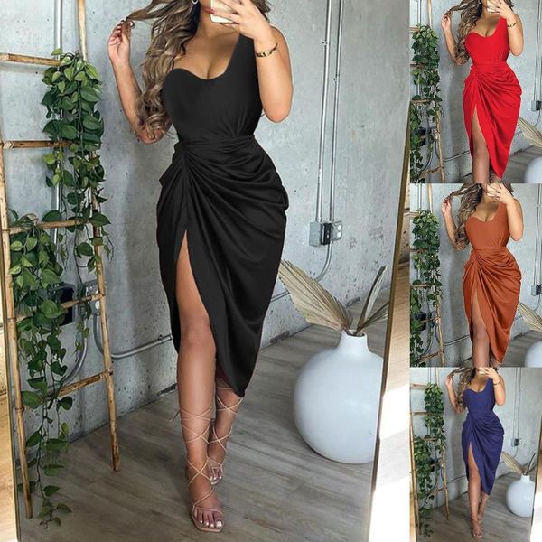 Повседневные платья очаровательные женщины платье с высоким сплиткой сексуальное пляж Fshion сплошной черный черный 2022 мода