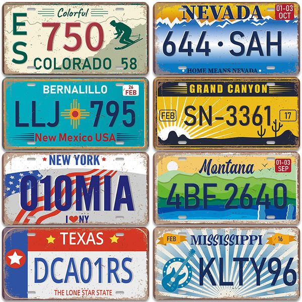 American States Numero di auto in licenza di pittura in metallo di stagno Segni vintage California Florida New Jersey Texas Hawaii Metal Places Pub Club Bar decorazioni da parete 15x30cm