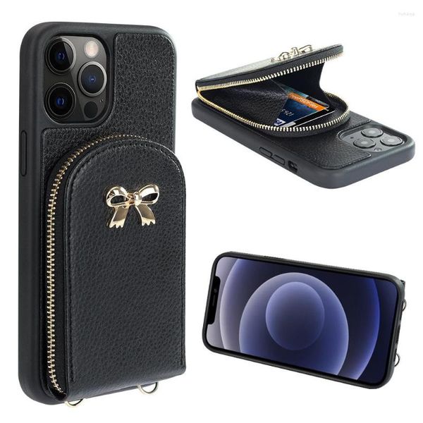 Titulares de cartão Moda PU Couro portátil Bow Zipper Bag Slot Slot Phone Tolder para iPhone 11 12 Bolsa Pro Max