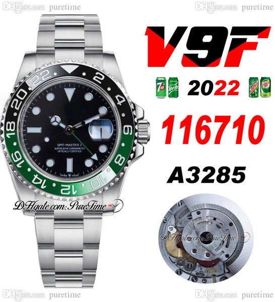 V9F GMT II Sprite A3285 Montre automatique pour homme V4 40 mm 116710 Lunette en céramique verte Cadran noir Bracelet OysterSteel 904L Super Edition Carte de la même série Puretime A1