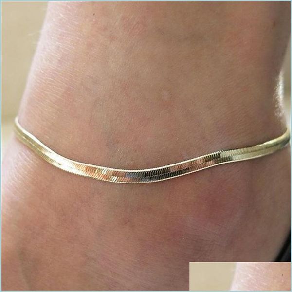 Fußkettchen Fußkettchen Drop Lieferung Silber/Vergoldet Verstellbare Flache Schlange Fußkettchen Armband Frauen Einfache Zarte Fußkette Sommer Strand Dhqg8