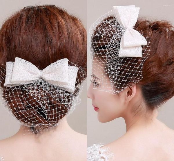 Kopfbedeckungen Elfenbein Vogelkäfig Gesichtsschleier mit Schleife Hochzeit Kopfbedeckung Netting Kurze Feder Fascinator Hearpiece Tüll