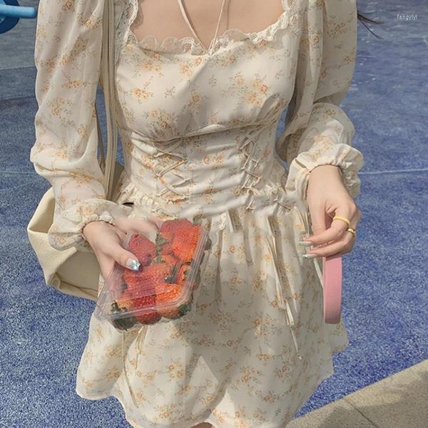 Повседневные платья сказочные кружевы лето сладкая цветочная печать Женщина Женская Женская Корейская винтажная элегантное миди -платье
