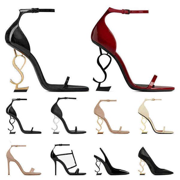 Sand￡lias femininas sapatos de luxo de luxo de salto alto tom de couro ouro triplo preto nude vermelho lady moda sandals abertos dedos steletto salto