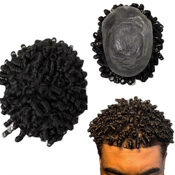 100% natürliches Menschenhaar 15 mm Afro Kinky Curl Toupet Haarausfall Spulen Männliche lockige Perücke Atmungsaktive Spitze Pu Basis Toupet Für Schwarze Männer Kostenlose Lieferung