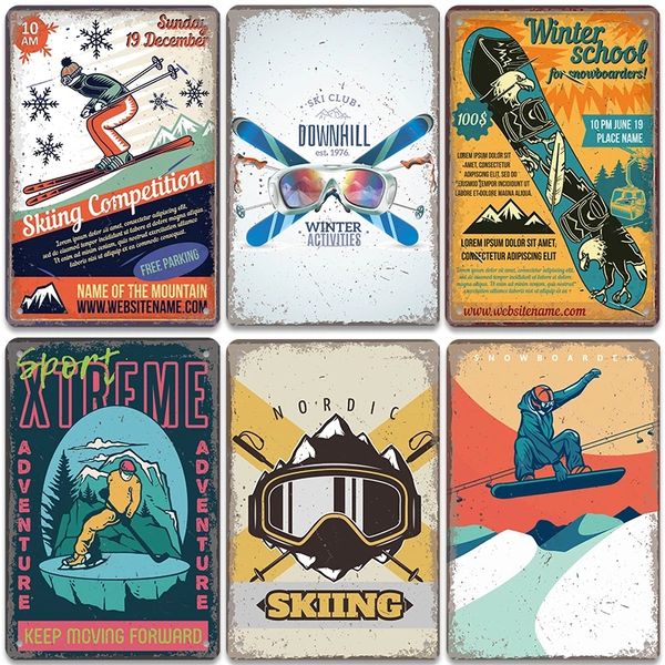 Aloha Tiki Bar Poster Pintura Vintage Metal Sings Winter Skiing Sports Retro Metal Tin Plate para Ski Club Garage Home Wall Decoration Tamanho 30x20cm