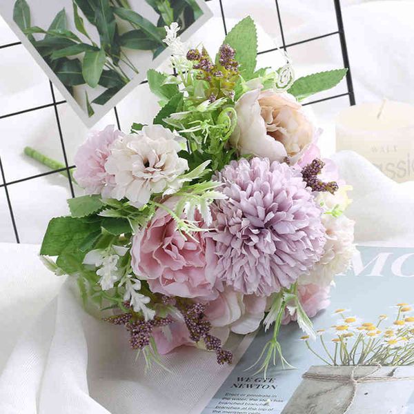 Faux Floral Greenery Mix fiori bellissimi fiori artificiali di peonia ortensia bouquet finto di seta per la decorazione domestica di nozze dente di leone schiuma di plastica J220906