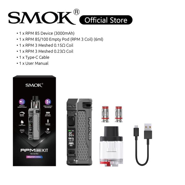 Smok RPM 85 Kit 85W Dispositivo Vape Embutido 3000mAh Bateria 6ml Pod resistente a crianças com 0,15ohm 0,23ohm RPM3 Bobina de malha 100% autêntica