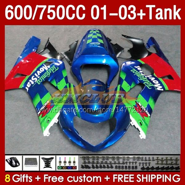 Inje￧￣o Movistar Novo tanque de carenagens de molde para Suzuki GSXR750 GSXR-750 GSXR600 750CC K1 2001 2002 2003 152NO.88 600CC GSXR-600 01-03 GSXR 750 600 CC 01 02 03 OEM Fakeing