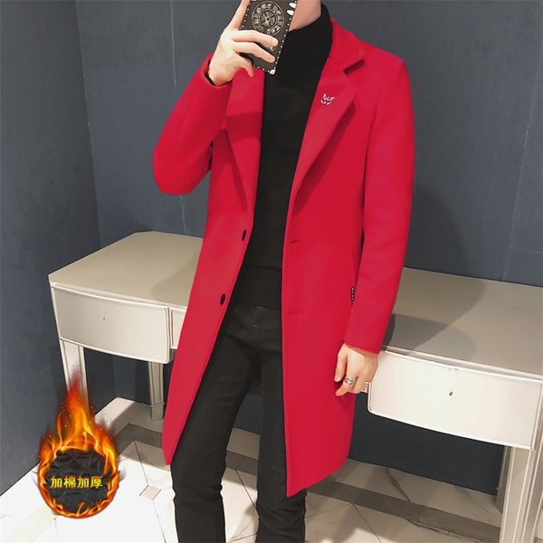 Lã de lã masculina Blends Red Gentleman Long Jackets para homens Long Blazers Exército VERMELHO VERMELHO OVISO CONVERSO SUPLE